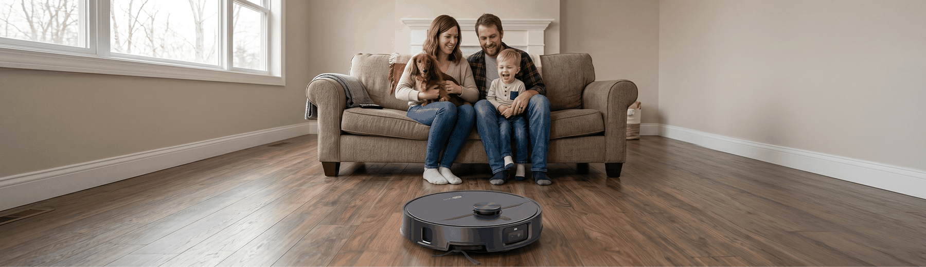 Family relaxing while an ePro robot vacuum cleans